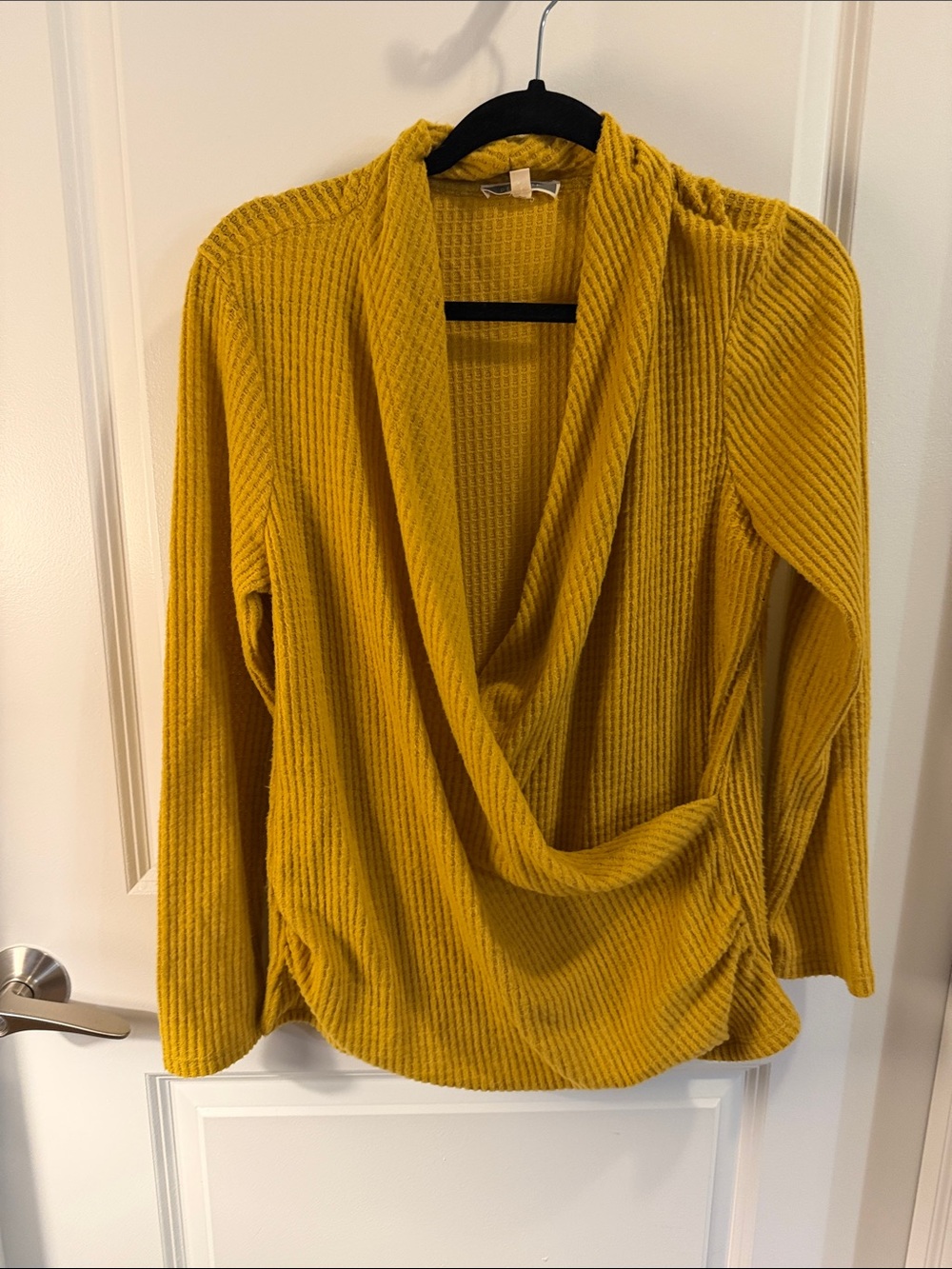 Pleione Mustard Ribbed Cowl Neck Draped Sweater
